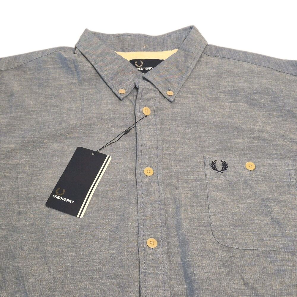 Fred Perry Chambray Shirt Men Size XL Blue Long Sleeve 100% Cotton New w/ Tags
